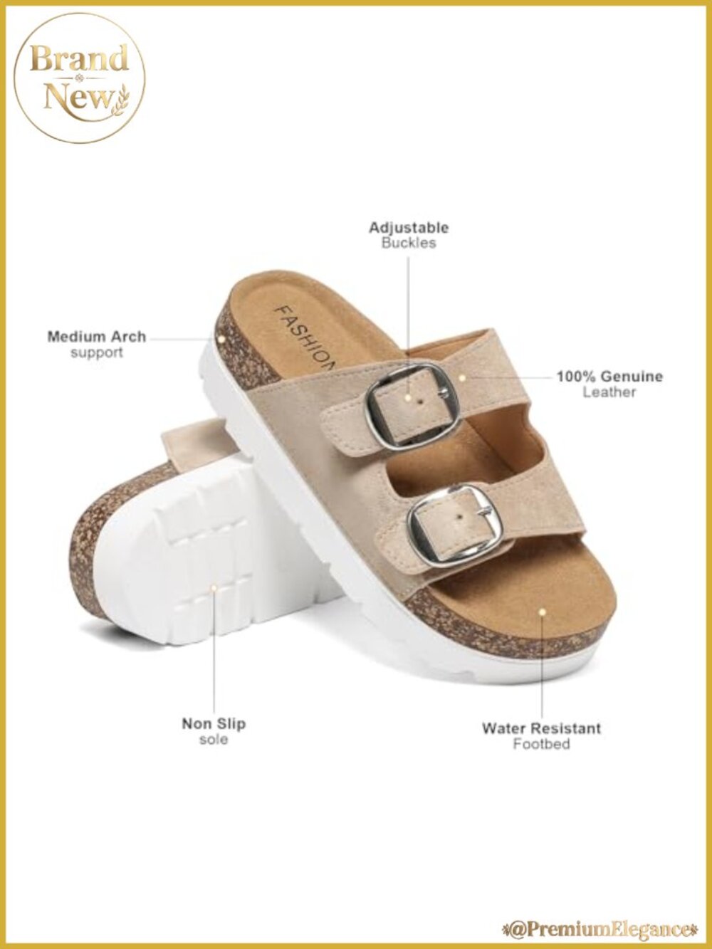 Women's Platform Sandals Cork Footbed Slides Double Buckles Open Toe - Picture 3 of 6